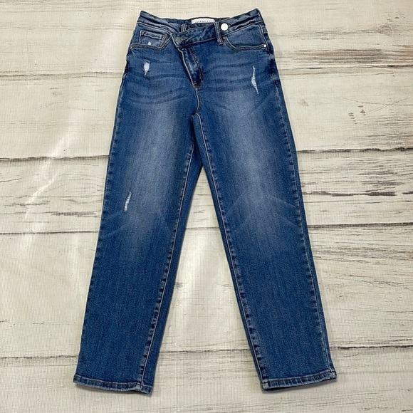 Risen Jeans Women's Juniors 1 / 25 Blue Crossover Distressed Denim Straight Leg - Picture 3 of 13